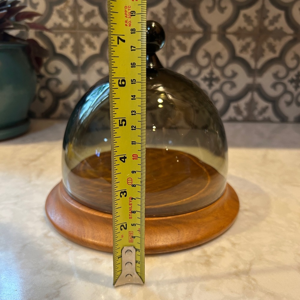 Mid-Century Modern Smoky Glass Dome Cloche with Wooden Base-EUC - Picture 4 of 9